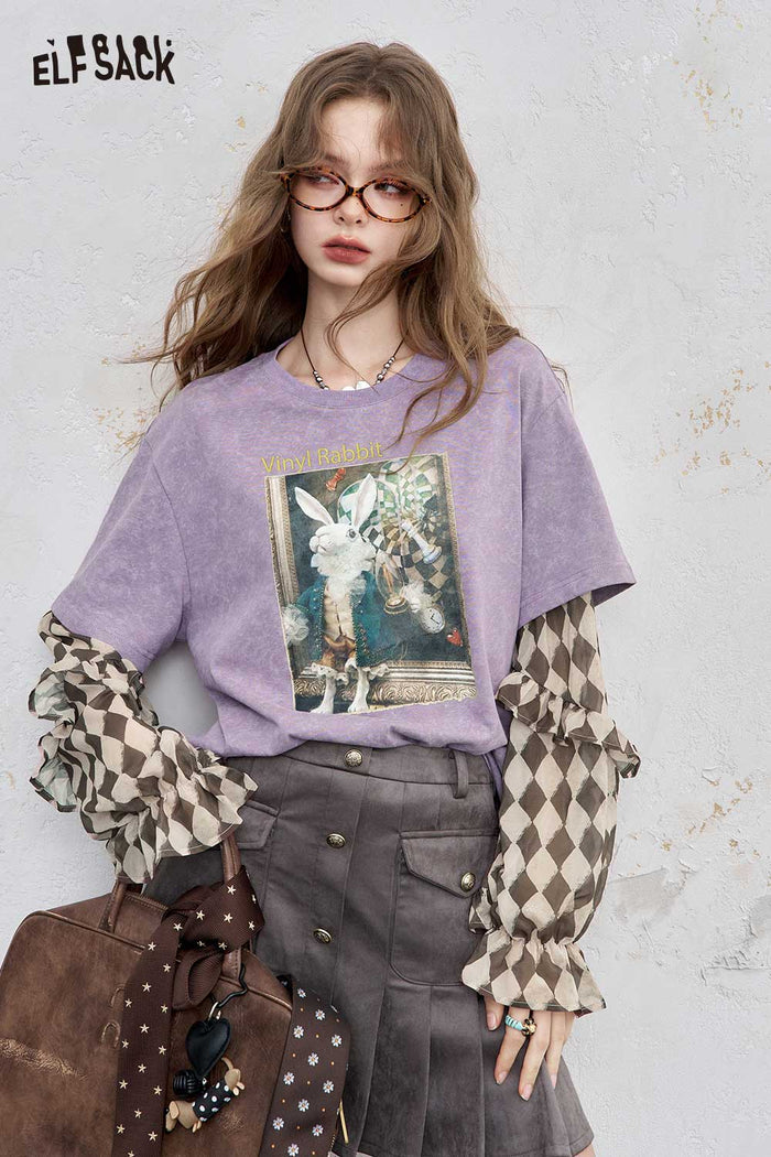 ELFSACK Cotton Jersey Drop Shoulder Faux Layered Graphic Print Tee