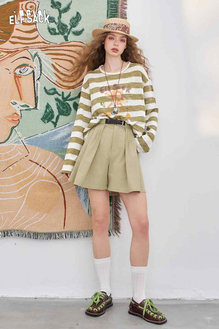 ELFSACK Cotton Loose A-Line Empire Solid Khaki Shorts