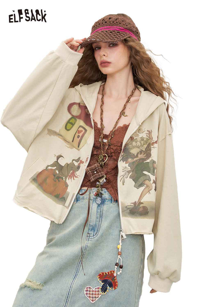 ELFSACK Cotton Loose Hooded Printed Short Jacket