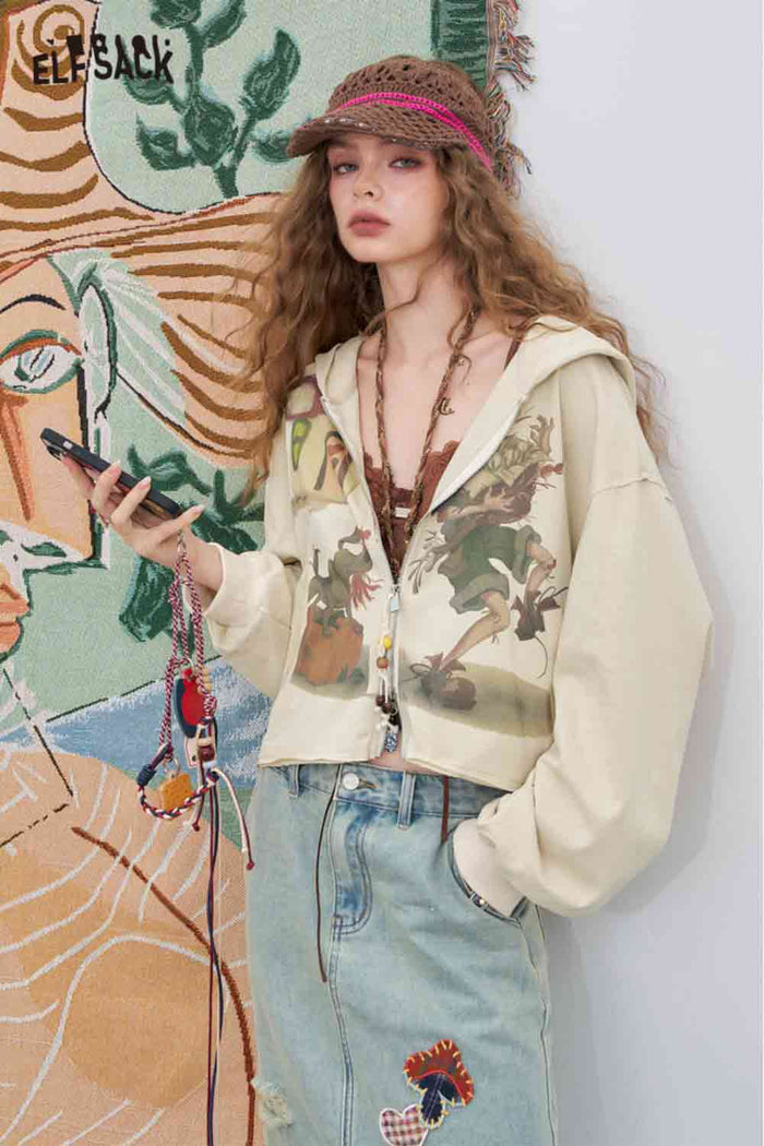 ELFSACK Cotton Loose Hooded Printed Short Jacket
