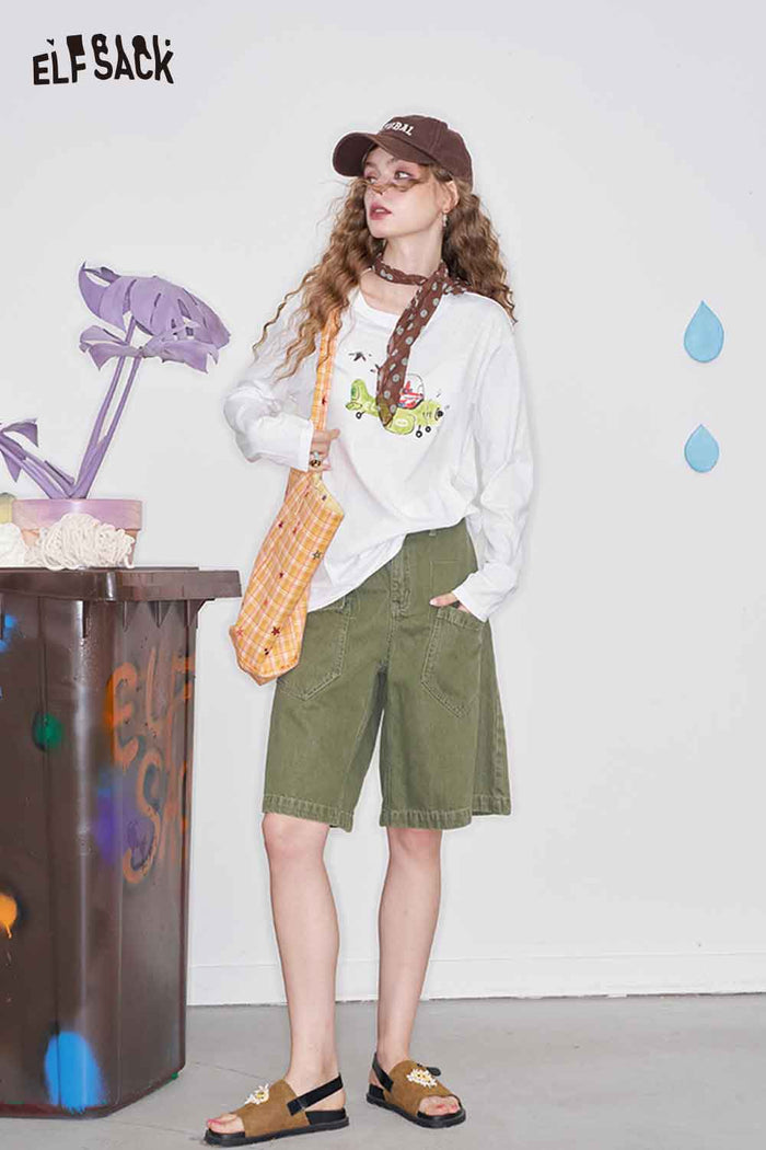 ELFSACK Cotton Oversized Cartoon Print Long Sleeve T-shirt Lightweight Breathable Cover-Up Top