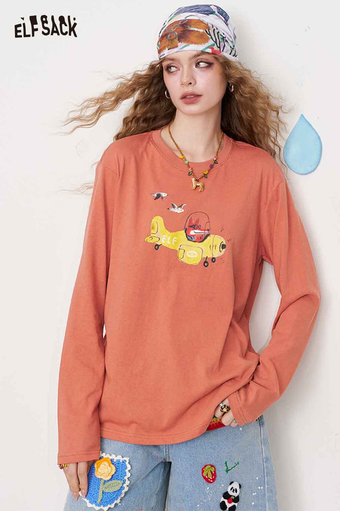 ELFSACK Cotton Oversized Cartoon Print Long Sleeve T-shirt Lightweight Breathable Cover-Up Top
