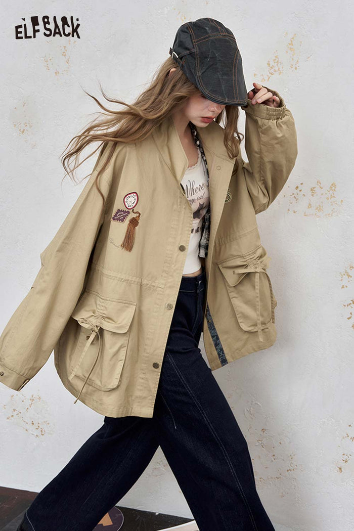 ELFSACK Cotton Patchwork Stand-Up Collar Streetwear Trench Coat