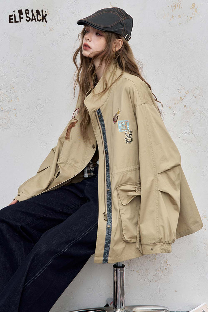 ELFSACK Cotton Patchwork Stand-Up Collar Streetwear Trench Coat