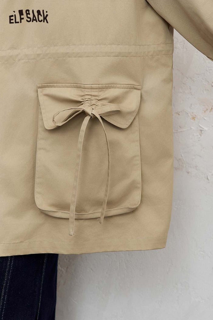 ELFSACK Cotton Patchwork Stand-Up Collar Streetwear Trench Coat