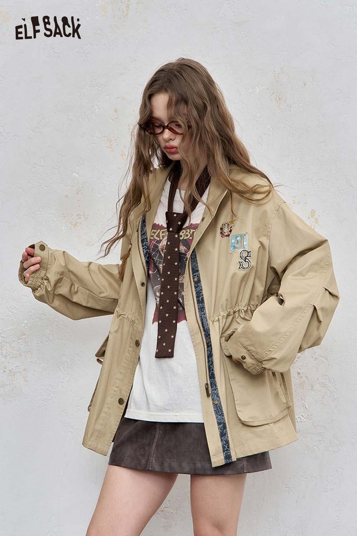 ELFSACK Cotton Patchwork Stand-Up Collar Streetwear Trench Coat