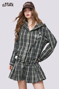 ELFSACK Cotton Plaid Bow Printed Short Shirt Dress