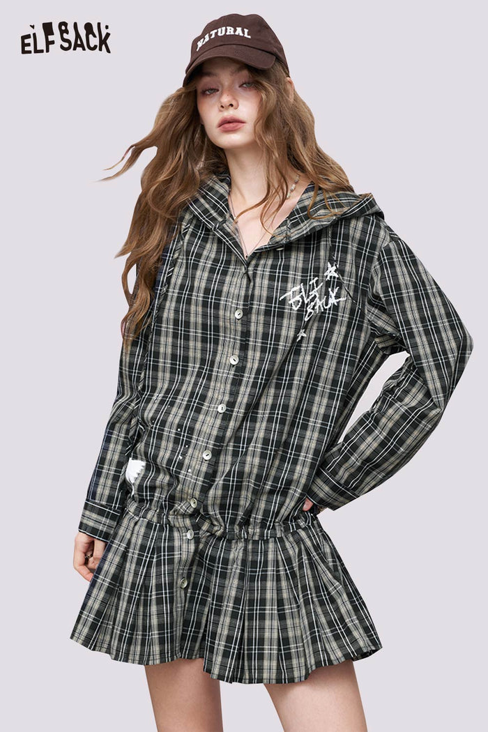 ELFSACK Cotton Plaid Bow Printed Short Shirt Dress