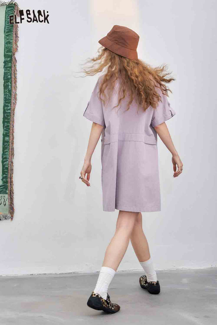 ELFSACK Cotton Straight Line Mushroom Embroidered Workwear Mini Dress