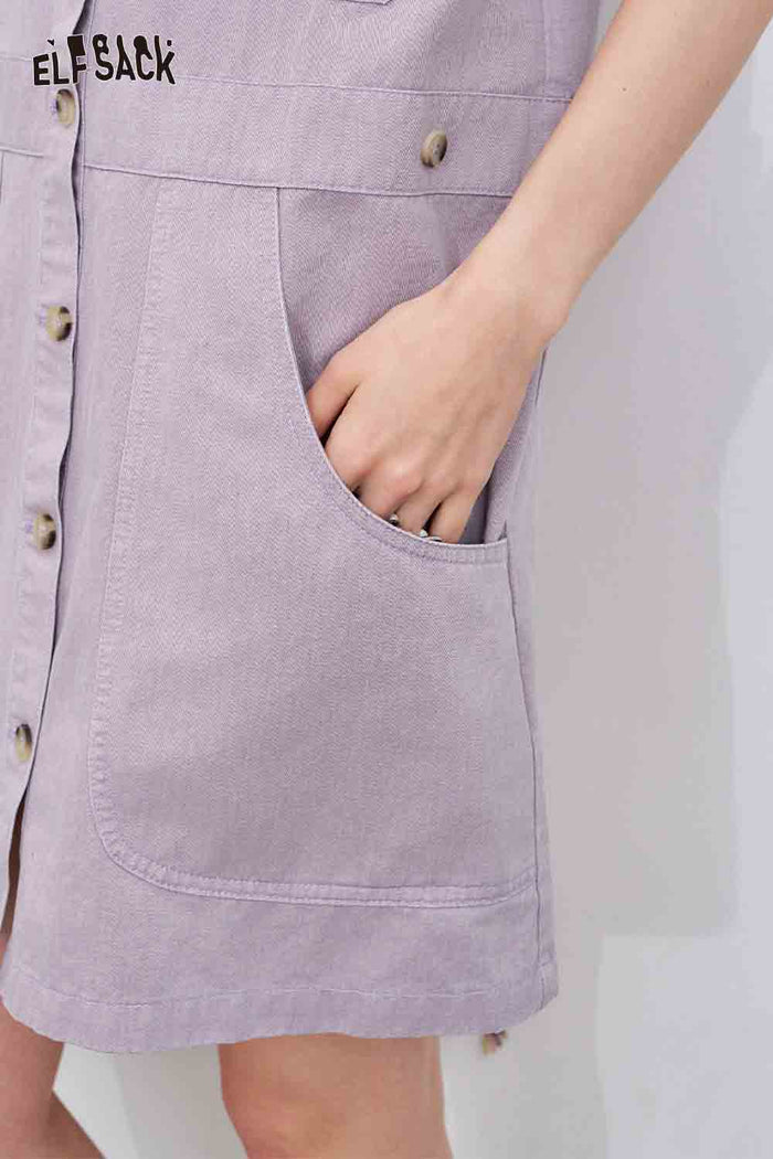 ELFSACK Cotton Straight Line Mushroom Embroidered Workwear Mini Dress