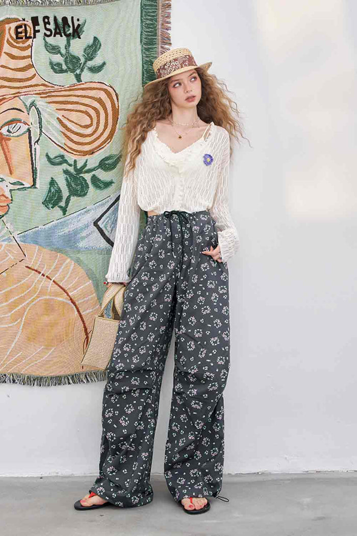 ELFSACK Cotton Straight Loose Floral Print Long Pant