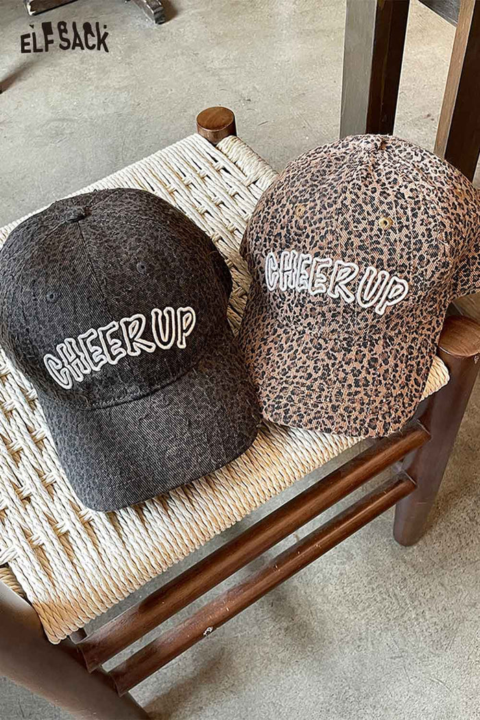 ELFSACK Cotton Twill Leopard Pattern Embroidered Typography Adjustable Strap Cap