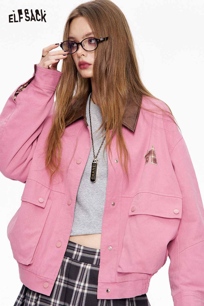 ELFSACK Cotton Utility Design Contrast Color Leather Trim Multi Pocket Jacket