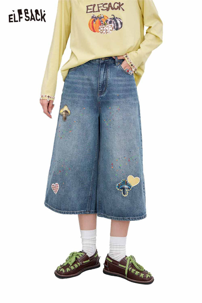 ELFSACK Cotton Vintage Mushroom Print High Waist Wide Leg Jeans Loose Fit Cropped Pants