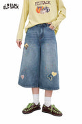 ELFSACK Cotton Vintage Mushroom Print High Waist Wide Leg Jeans Loose Fit Cropped Pants