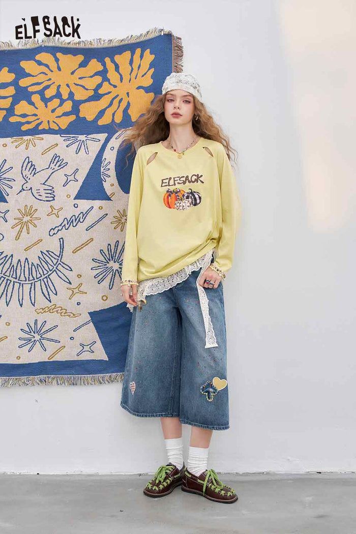 ELFSACK Cotton Vintage Mushroom Print High Waist Wide Leg Jeans Loose Fit Cropped Pants