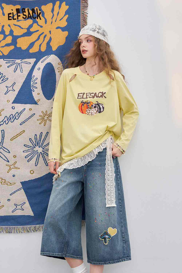 ELFSACK Cotton Vintage Mushroom Print High Waist Wide Leg Jeans Loose Fit Cropped Pants