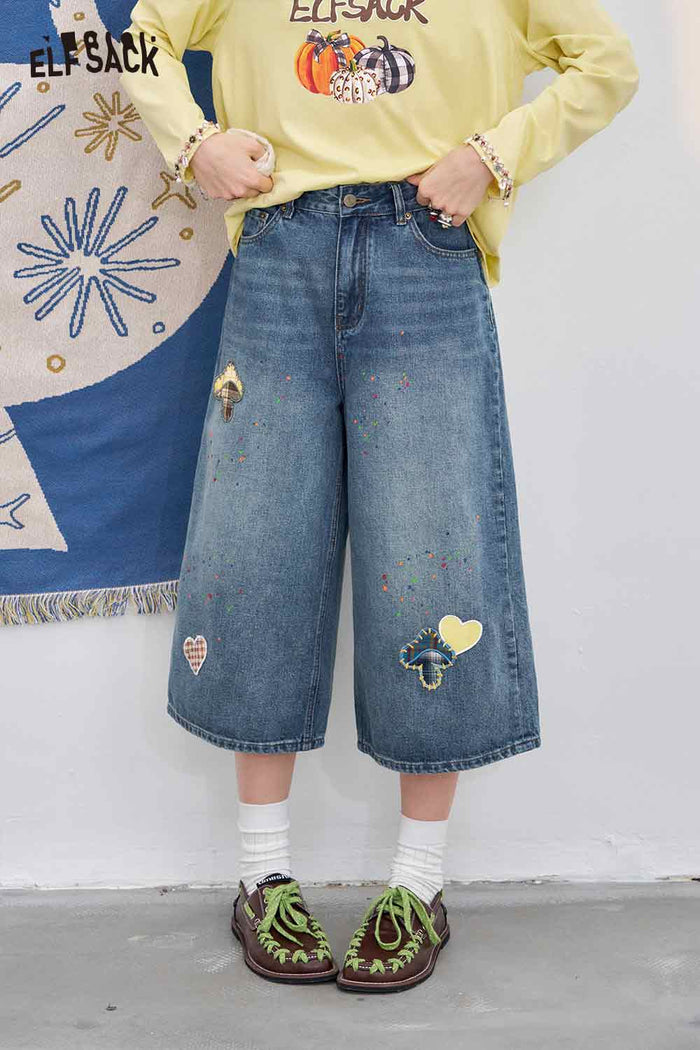 ELFSACK Cotton Vintage Mushroom Print High Waist Wide Leg Jeans Loose Fit Cropped Pants