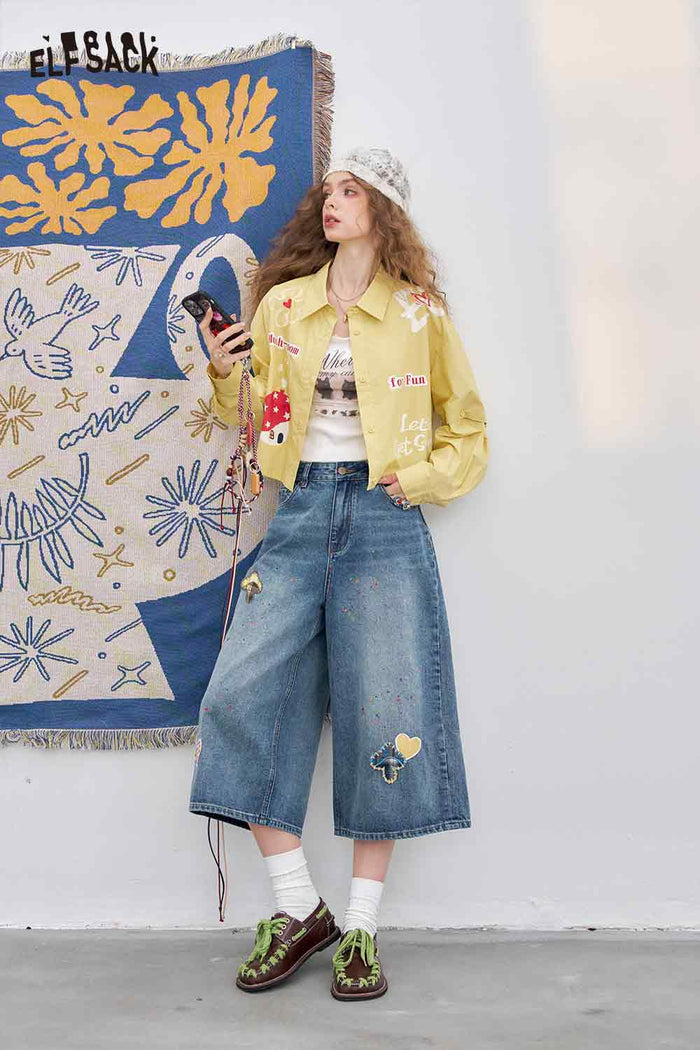 ELFSACK Cotton Vintage Mushroom Print High Waist Wide Leg Jeans Loose Fit Cropped Pants