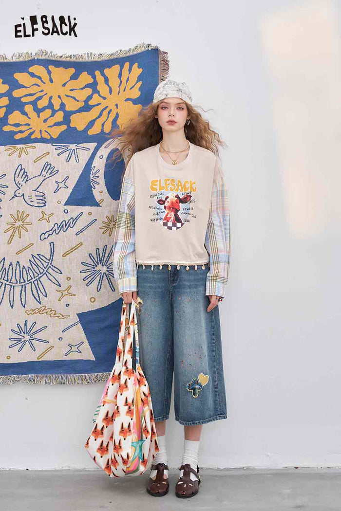 ELFSACK Cotton Vintage Mushroom Print High Waist Wide Leg Jeans Loose Fit Cropped Pants