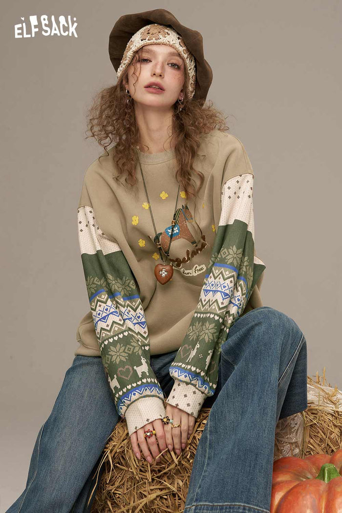 ELFSACK Cotton Vintage Splicing Design Crew Neck Sweatshirt