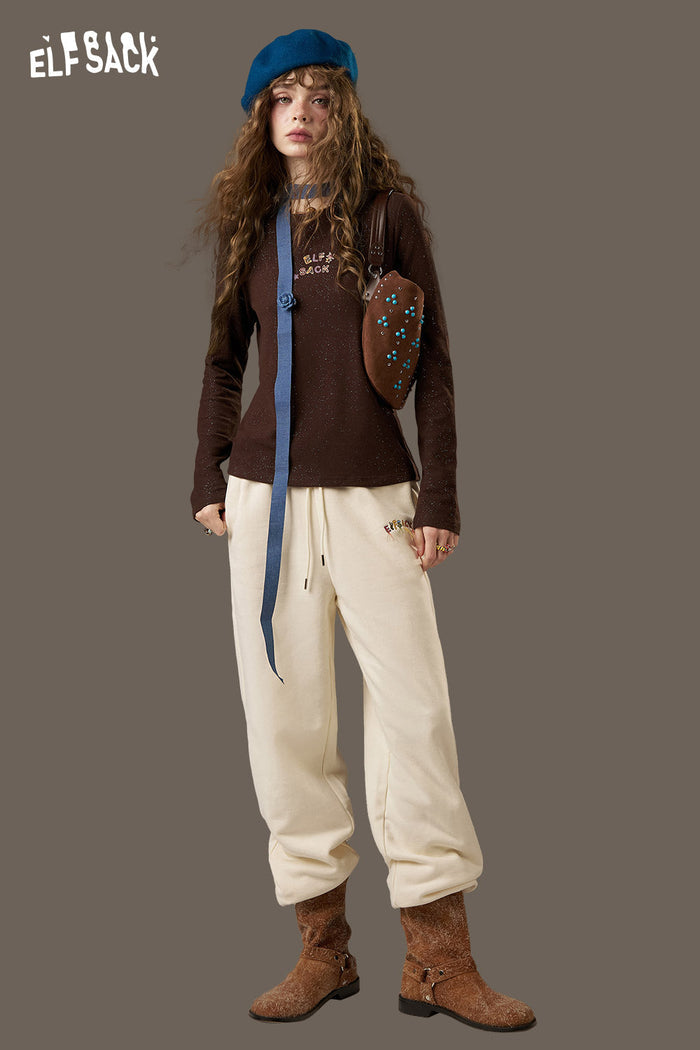 ELFSACK Cottton Colourful Decoration White Cropped Sweat Pants