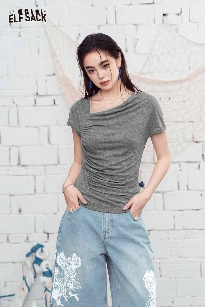 ELFSACK Cowl Neck Ruched Fitted Short Sleeve Top