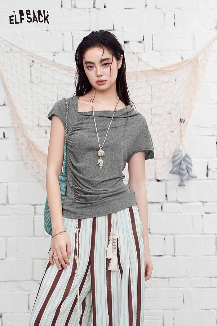 ELFSACK Cowl Neck Ruched Fitted Short Sleeve Top