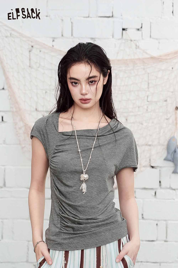 ELFSACK Cowl Neck Ruched Fitted Short Sleeve Top