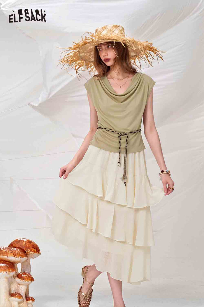 ELFSACK Cowl Neck Top and Tiered Skirt Set