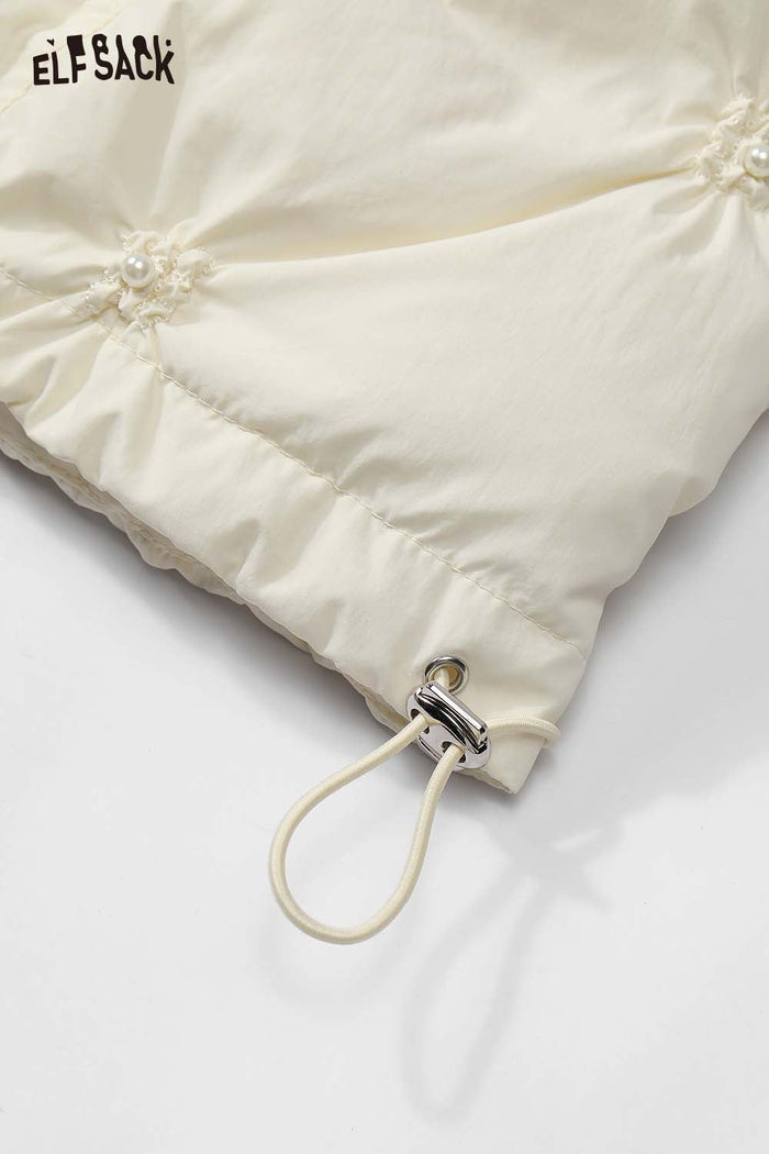ELFSACK Cream-colored Quilted Textured Design Mid-length Down Jacket