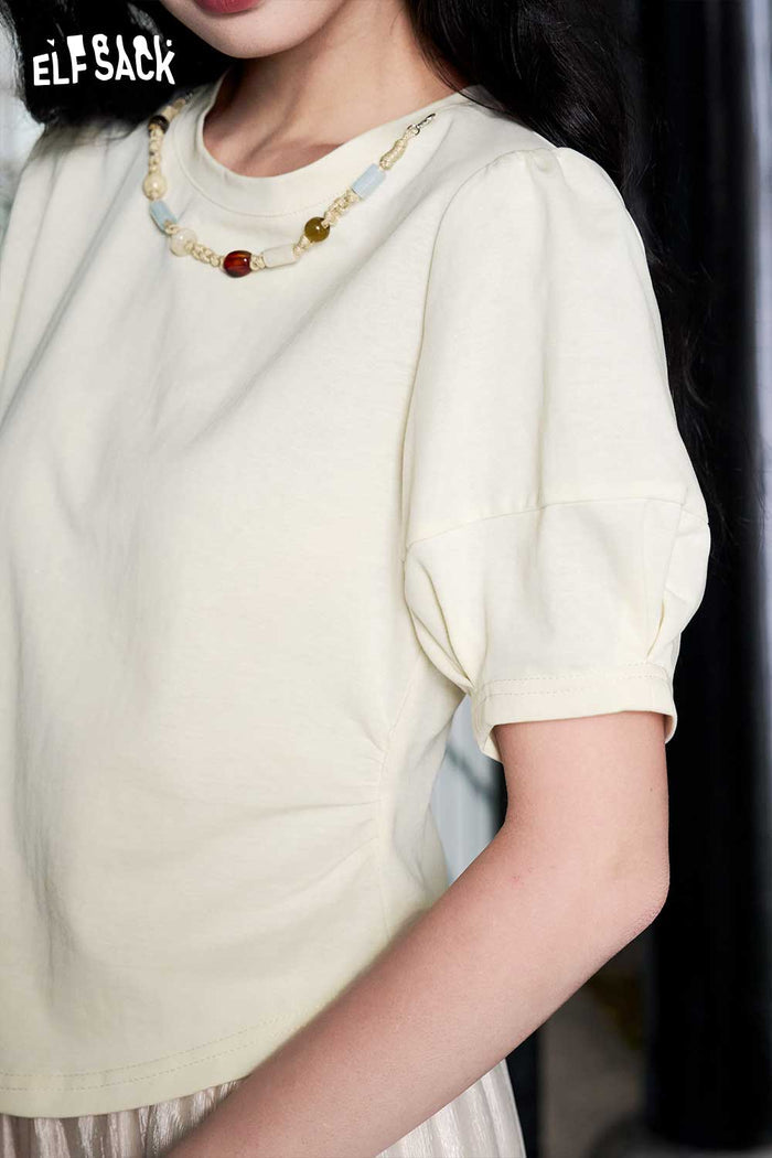 ELFSACK Cream Puff Sleeve Beaded Detail Tee