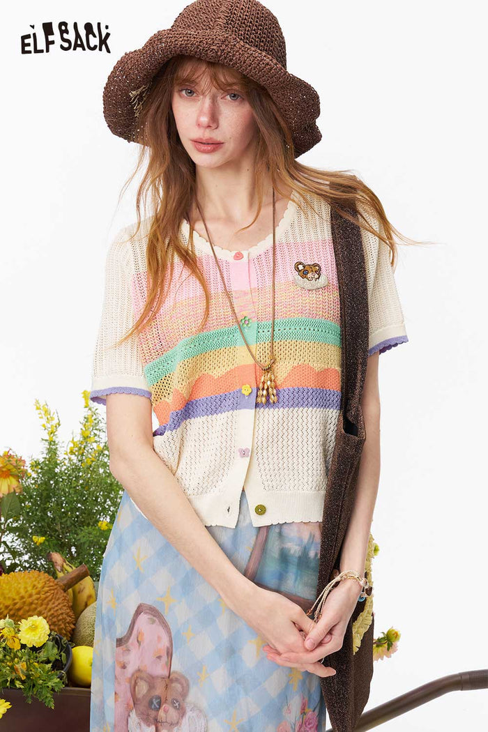 ELFSACK Cream Striped Bear Embroidery Knit Cardigan