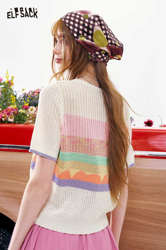 ELFSACK Cream Striped Bear Embroidery Knit Cardigan