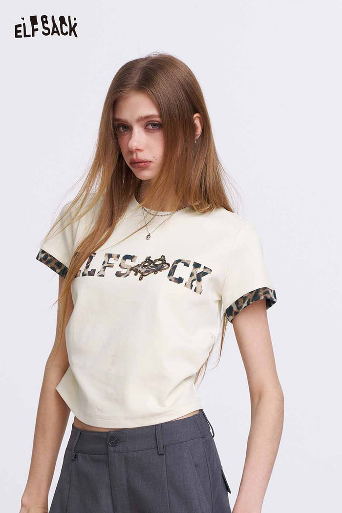ELFSACK Cream T Shirt with Leopard Print Logo