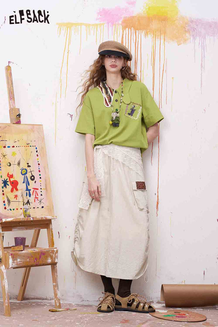 ELFSACK Crochet Collar Cartoon Embroidery Polo