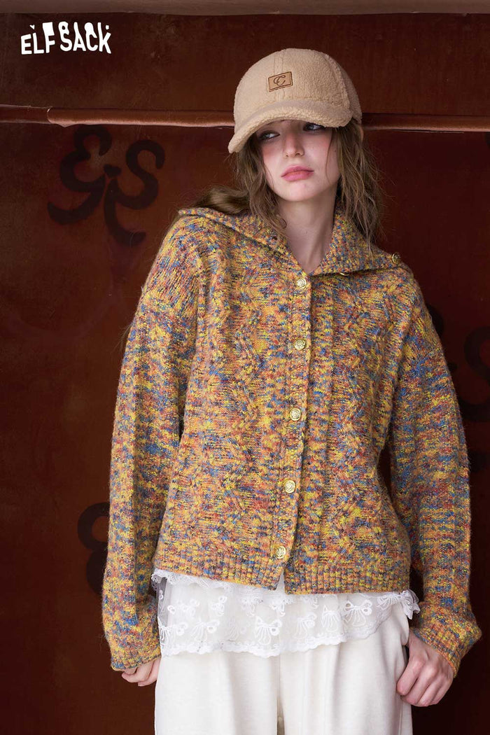 ELFSACK Cropped High Neck Stand Collar Single Breasted Gold Button Sweater