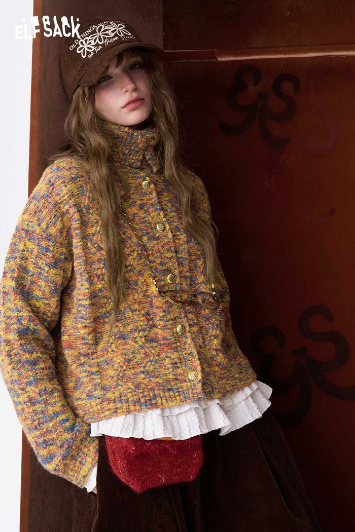 ELFSACK Cropped High Neck Stand Collar Single Breasted Gold Button Sweater