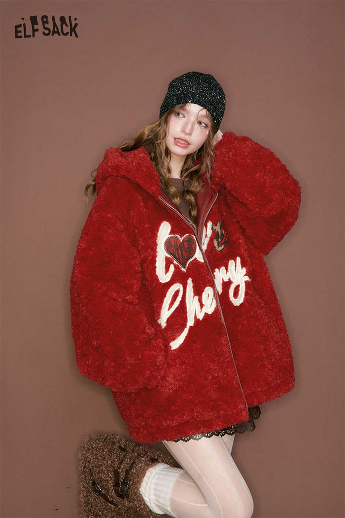 ELFSACK Cute Casual Letter Heart Embroidery Hooded Faux Wool Jacket
