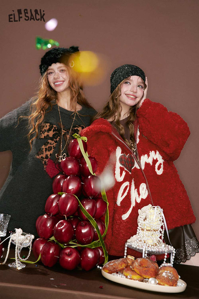 ELFSACK Cute Casual Letter Heart Embroidery Hooded Faux Wool Jacket