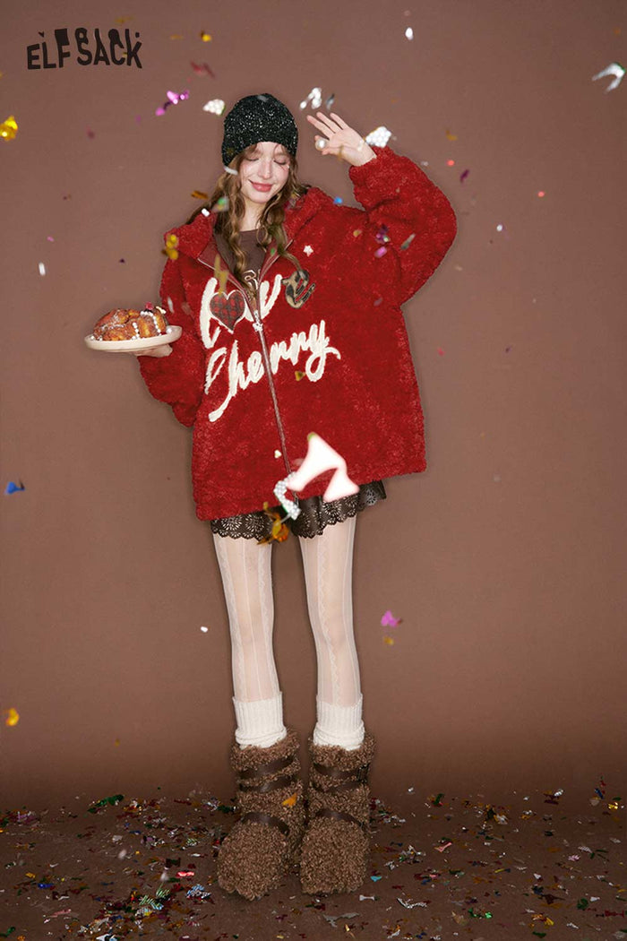 ELFSACK Cute Casual Letter Heart Embroidery Hooded Faux Wool Jacket