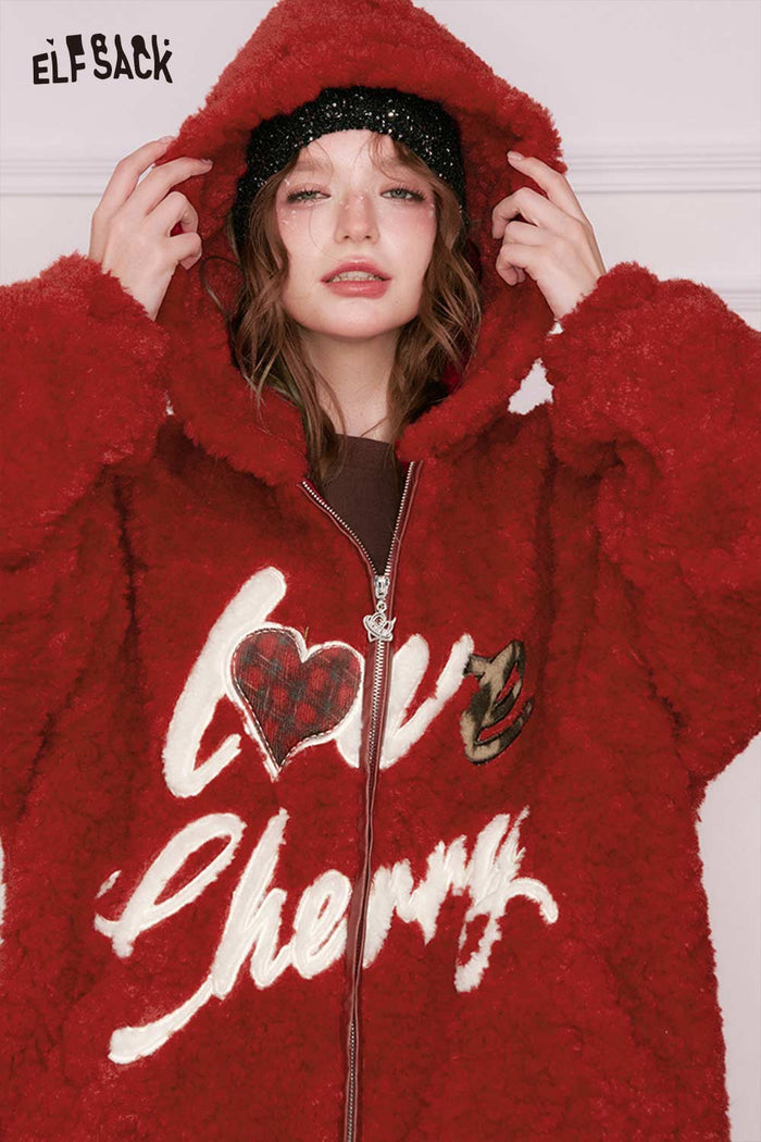 ELFSACK Cute Casual Letter Heart Embroidery Hooded Faux Wool Jacket