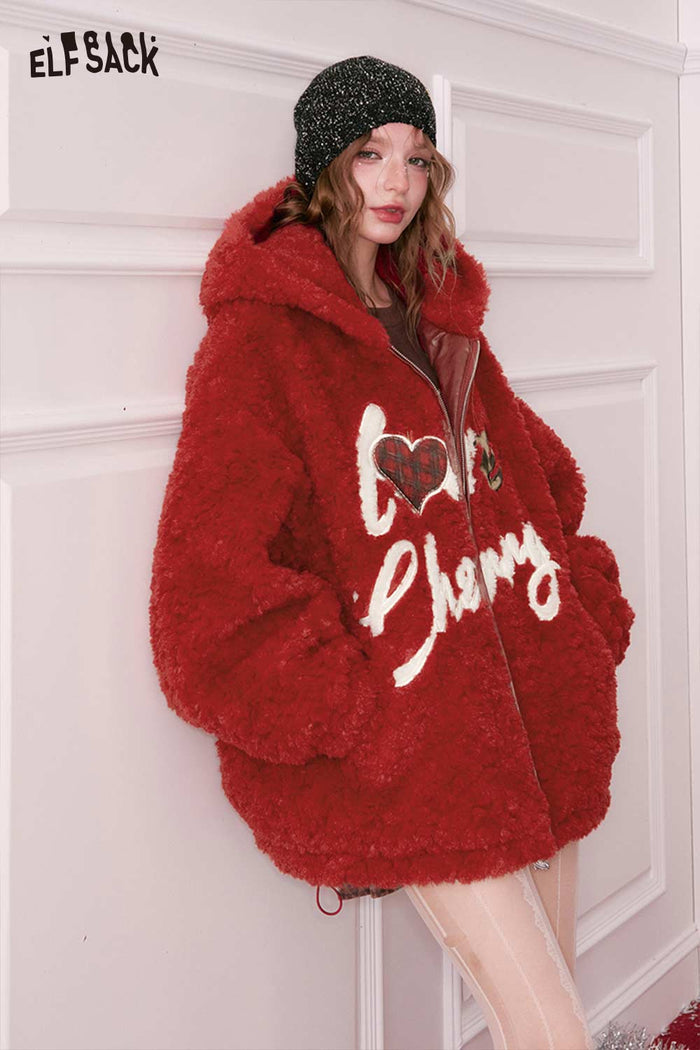ELFSACK Cute Casual Letter Heart Embroidery Hooded Faux Wool Jacket