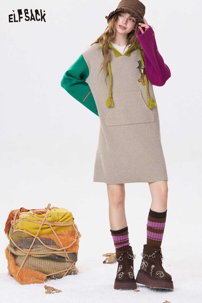 ELFSACK Cute Color Block Loose Embroidery Hooded Long Sleeve Dress
