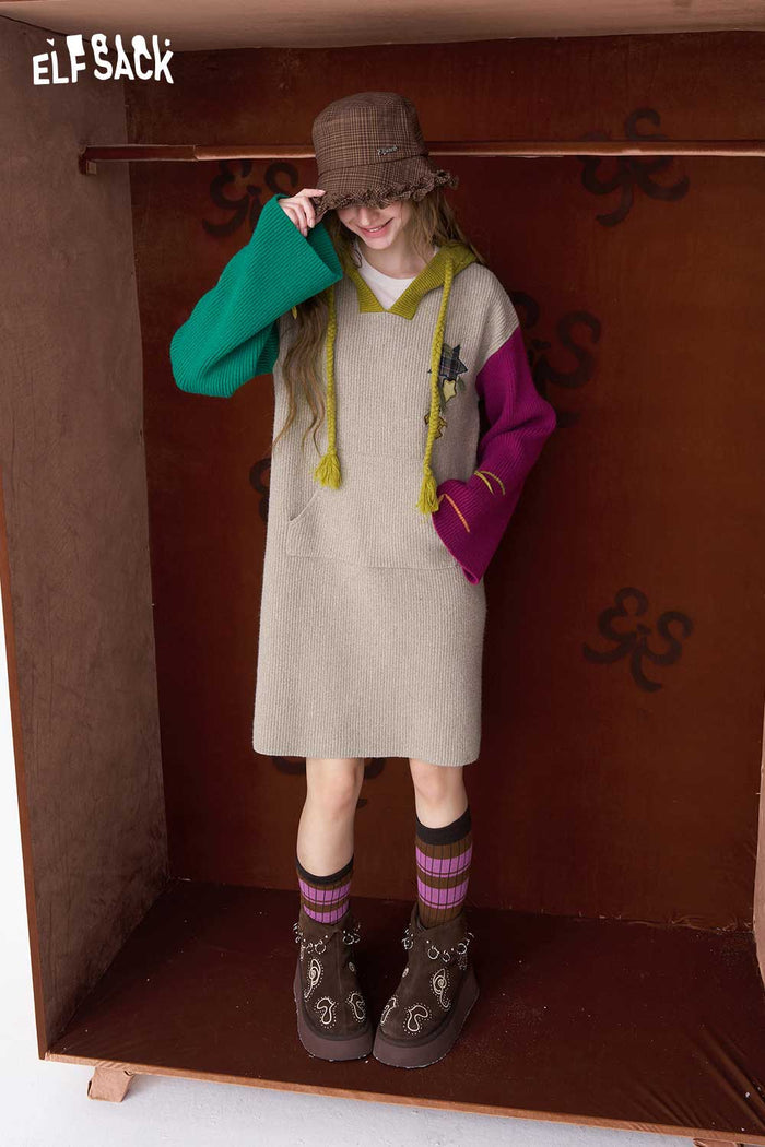 ELFSACK Cute Color Block Loose Embroidery Hooded Long Sleeve Dress