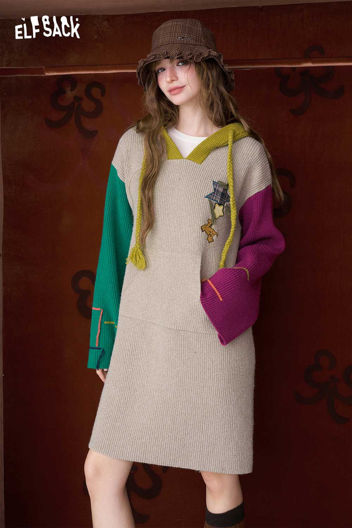 ELFSACK Cute Color Block Loose Embroidery Hooded Long Sleeve Dress