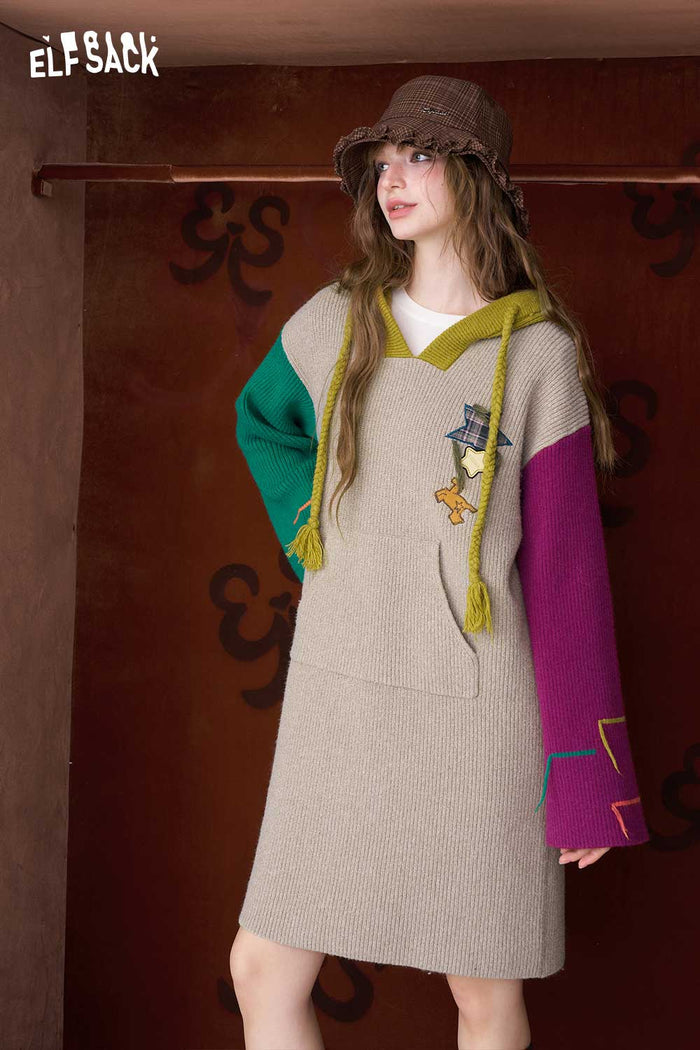 ELFSACK Cute Color Block Loose Embroidery Hooded Long Sleeve Dress