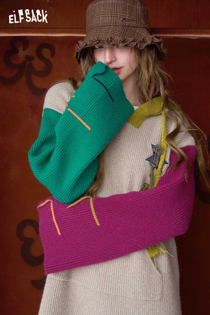 ELFSACK Cute Color Block Loose Embroidery Hooded Long Sleeve Dress