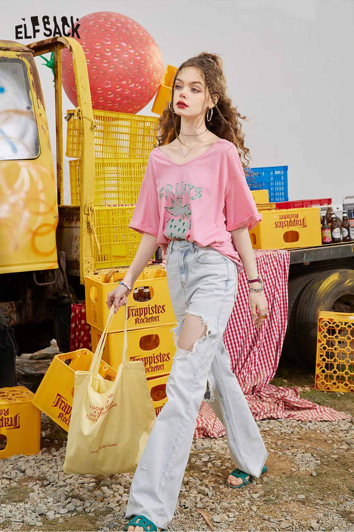 ELFSACK Cute Fruit Graphic Tee with V Neck