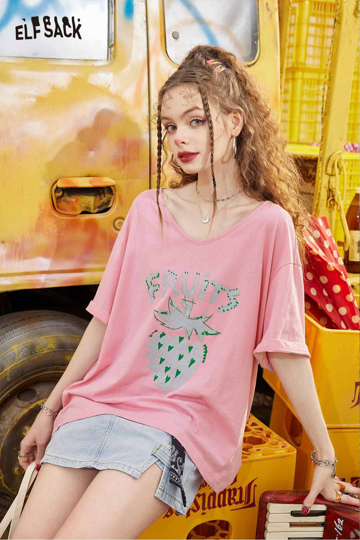 ELFSACK Cute Fruit Graphic Tee with V Neck